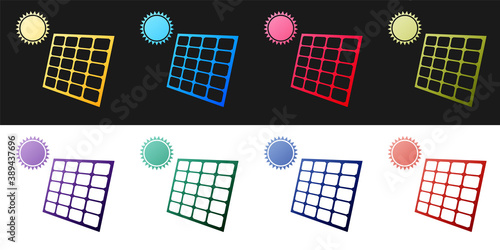 Set Solar energy panel and sun icon isolated on black and white background. Vector.