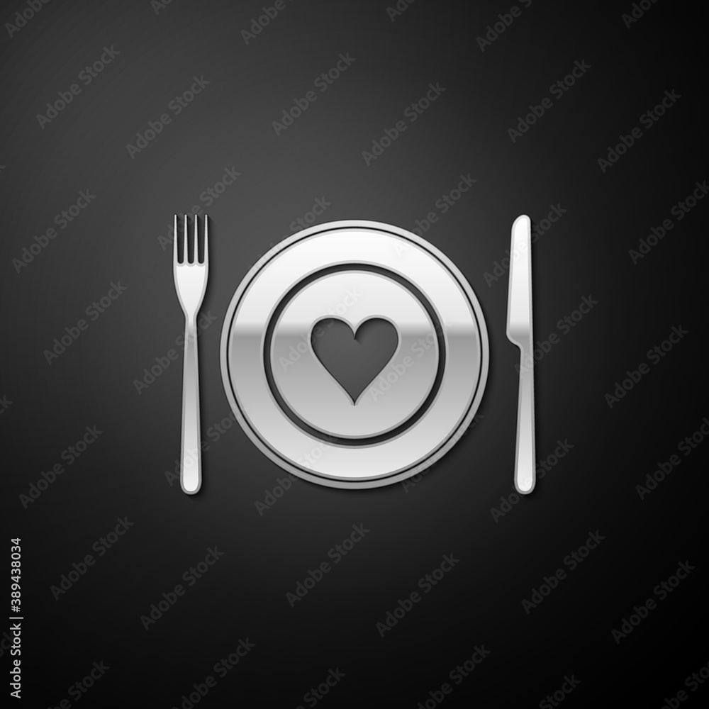 Silver Heart on plate, fork and knife icon isolated on black background. Happy Valentine's day. Long shadow style. Vector. Silver Heart on plate, fork and knife icon isolated on black background. Happy Valentine's day. Long shadow style. Vector.