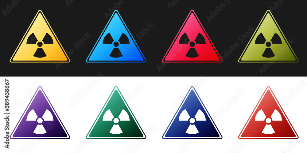 Set Triangle sign with radiation symbol icon isolated on black and white background. Vector. Set Triangle sign with radiation symbol icon isolated on black and white background. Vector.