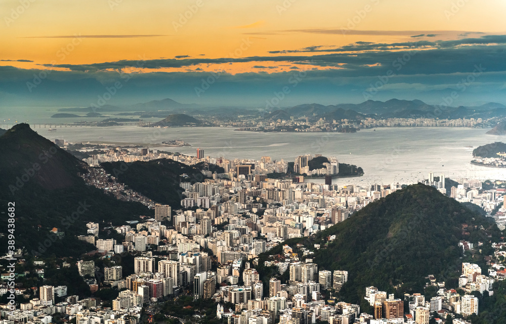 Rio de Janeiro aerial shot during sunset