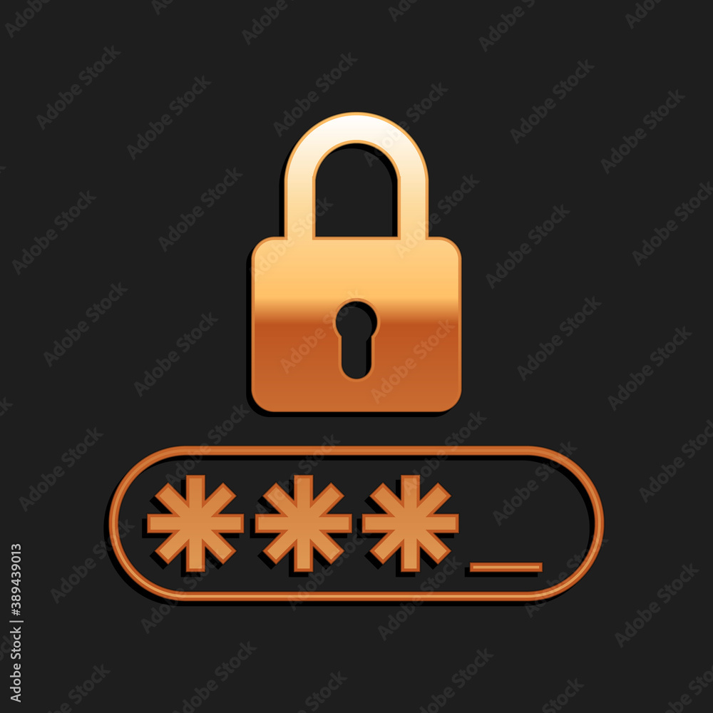Gold Password protection and safety access icon isolated on black background. Lock icon. Security, safety, protection, privacy concept. Long shadow style. Vector. Gold Password protection and safety access icon isolated on black background. Lock icon. Security, safety, protection, privacy concept. Long shadow style. Vector.