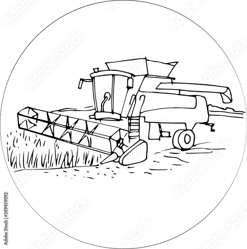 Vector illustration of a harvester in the field collects a crop of wheat doodle style