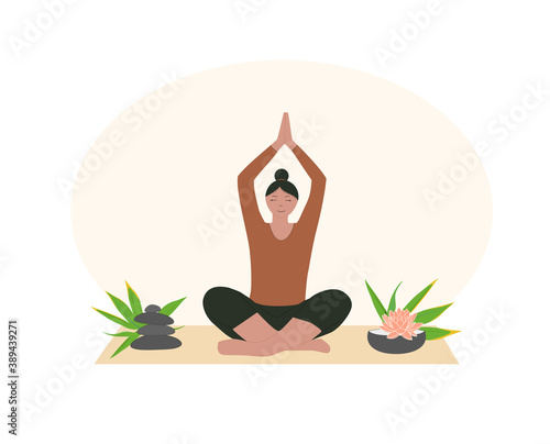 Women doing exercises and yoga, relax, during quarantine. Sport, leisure and hobby on isolation. Vector illustration in flat cartoon style.