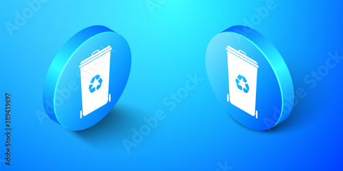 Isometric Recycle bin with recycle symbol icon isolated on blue background. Trash can icon. Garbage bin sign. Recycle basket icon. Blue circle button. Vector.