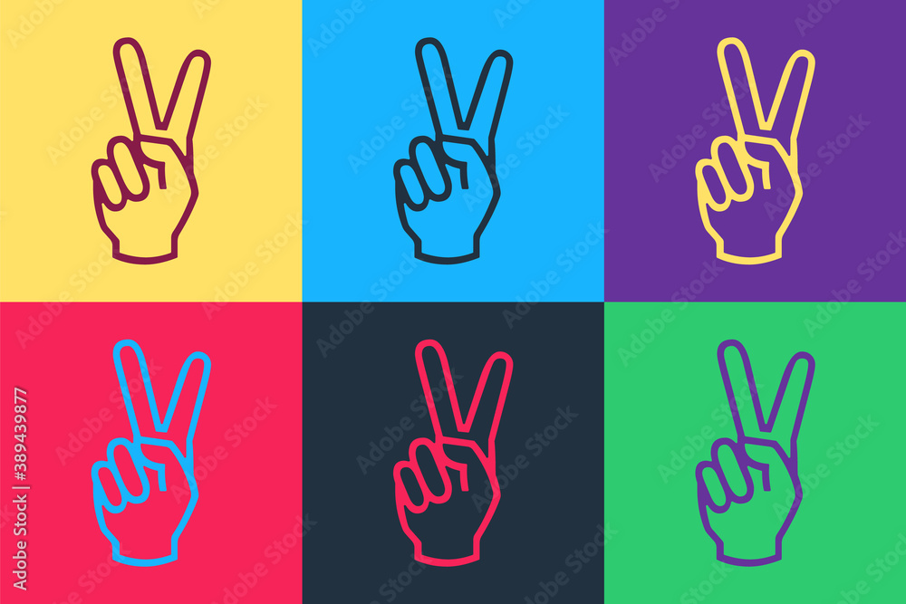 Pop art Hand showing two finger icon isolated on color background. Victory hand sign. Vector. Pop art Hand showing two finger icon isolated on color background. Victory hand sign. Vector.