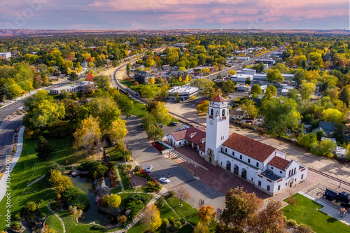 Beautiful and unique perspective of the Boise train depot with tracks going off into the distance