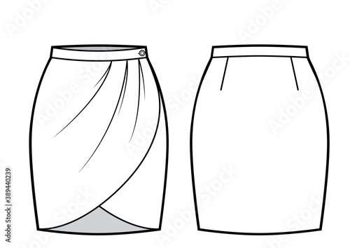 Fashion technical drawing of short wrap skirt with folds