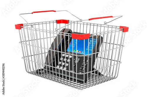 IP phone inside shopping basket, 3D rendering