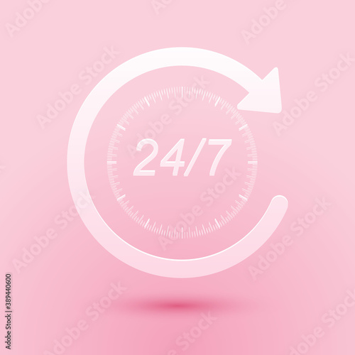Paper cut Open 24 hours a day and 7 days a week icon isolated on pink background. All day cyclic icon. Paper art style. Vector.