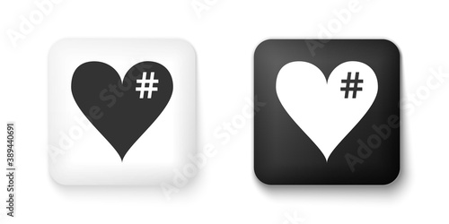 Black and white The hash love icon. Hashtag heart symbol icon isolated on white background. Square button. Vector.