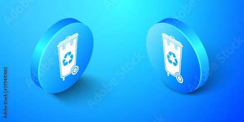 Isometric Recycle bin with recycle symbol icon isolated on blue background. Trash can icon. Garbage bin sign. Recycle basket icon. Blue circle button. Vector.