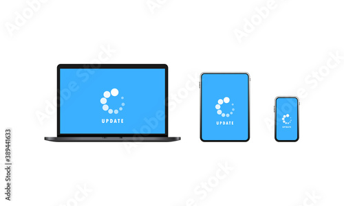 Devices update icon. Laptop, tablet and smart phone software update. Downloading data concept. Vector on isolated white background. EPS 10
