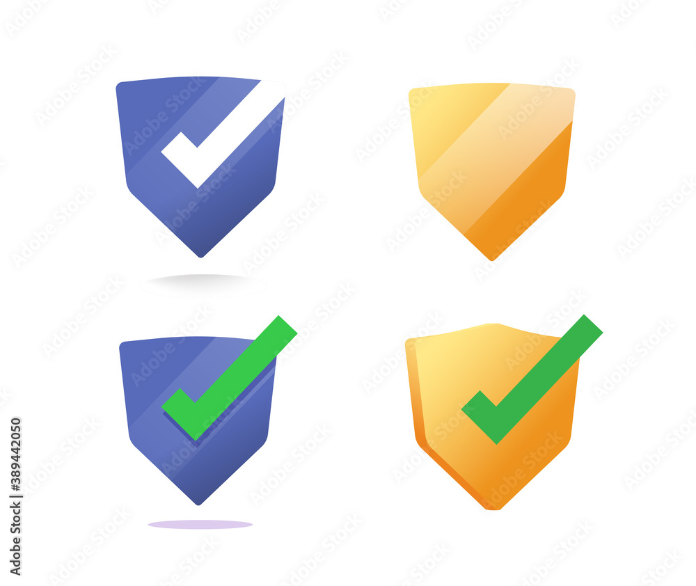 Shield icons vector set with check mark, security protected defence sign, approved guard symbol isolated clipart collection Shield icons vector set with check mark, security protected defence sign, approved guard symbol isolated clipart collection