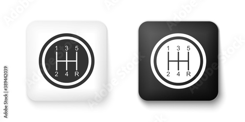 Black and white Gear shifter icon isolated on white background. Transmission icon. Square button. Vector.