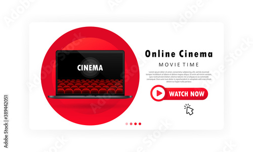 Online cinema banner. Movie time. Video and film streaming with device at home concept. On the laptop screen. Vector on isolated white background. EPS 10