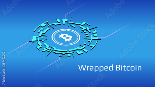 Wrapped Bitcoin WBTC isometric token symbol of the DeFi project in digital circle on blue background. Cryptocurrency icon. Decentralized finance programs. Vector illustration for website or banner.