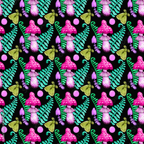 Witchcraft colorful seamless pattern. Pink magic background. Halloween, skull, moth, mushroom, moon, fern. Texture, fabric, paper, wallpaper © TanyaOak