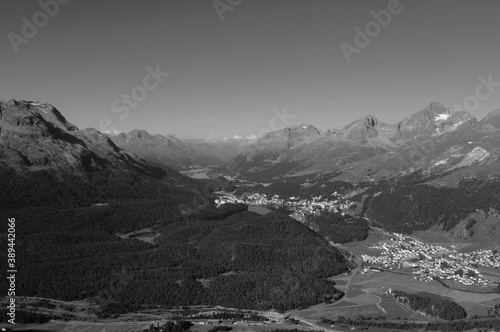Swiss Alps: The panoramic view from Muotas Muragl to the glacier lakes in the upper Engadin