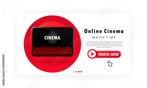 Online cinema banner. Movie time concept. Watch film on the tablet. Vector on isolated white background. EPS 10