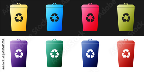 Set Recycle bin with recycle symbol icon isolated on black and white background. Trash can icon. Garbage bin sign. Recycle basket sign. Vector.