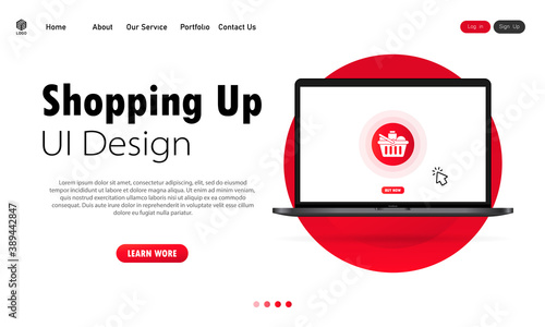 Online shopping on laptop banner. Buying goods online at home concept. Vector on isolated white background. EPS 10