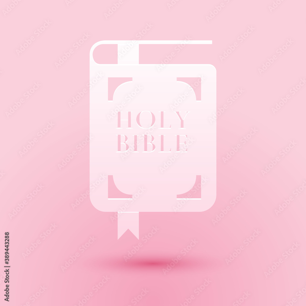 Paper cut Holy bible book icon isolated on pink background. Paper art style. Vector. Paper cut Holy bible book icon isolated on pink background. Paper art style. Vector.