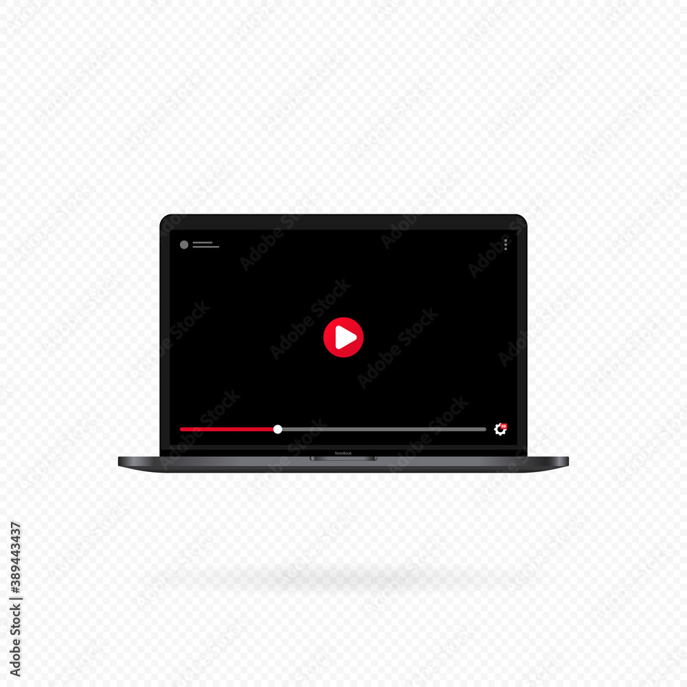 Laptop with video player on screen. Video content, blogging. Social media concept. Mockup video channel. Vector on isolated white background. EPS 10 Laptop with video player on screen. Video content, blogging. Social media concept. Mockup video channel. Vector on isolated white background. EPS 10
