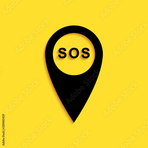 Black Marker location with SOS icon isolated on yellow background. SOS call location marker. Map pointer sign. SOS pinpoint sign with text. Long shadow style. Vector.