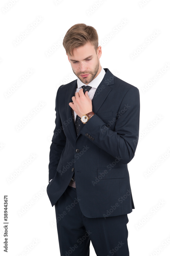 Some wardrobe classics never date. Lawyer wear classic suit isolated on white. Fashion look of handsome man. White collar. Formal fashion style. Formalwear. Menswear. Business outfit. Dressing sharp Some wardrobe classics never date. Lawyer wear classic suit isolated on white. Fashion look of handsome man. White collar. Formal fashion style. Formalwear. Menswear. Business outfit. Dressing sharp