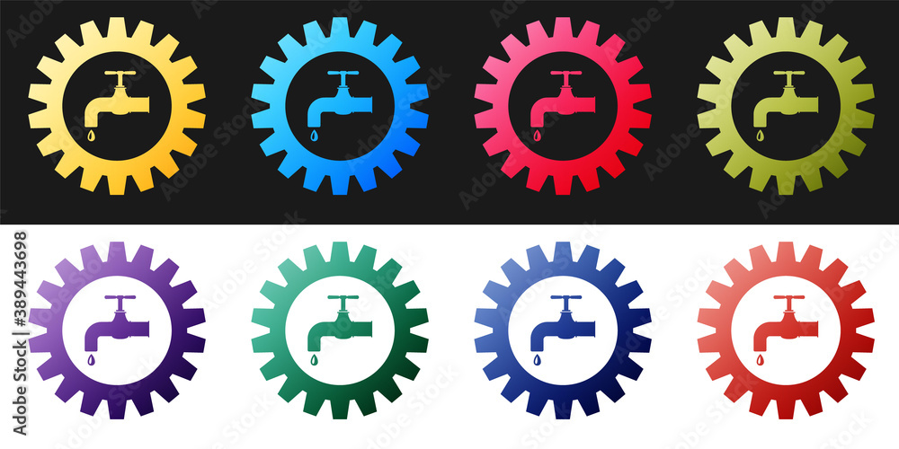 Set Gearwheel with tap icon isolated on black and white background. Plumbing work symbol. Vector. Set Gearwheel with tap icon isolated on black and white background. Plumbing work symbol. Vector.