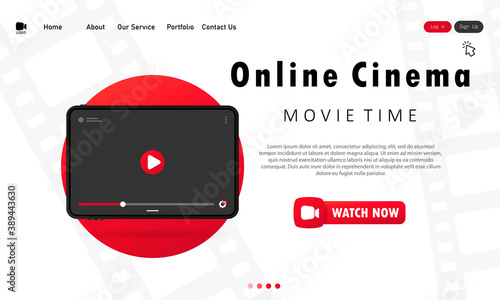 Online cinema on tablet banner. Movie theater for one viewer at home. Movie time. Vector on isolated white background. EPS 10