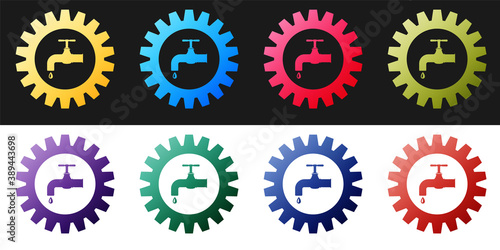 Set Gearwheel with tap icon isolated on black and white background. Plumbing work symbol. Vector.