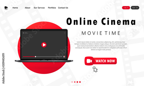 Online cinema banner. Modern laptop concept. Home online cinema. Vector on isolated white background. EPS 10