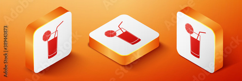 Isometric Glass of juice icon isolated on orange background. Orange slice and tube for drinking. Healthy organic food. Orange square button. Vector.