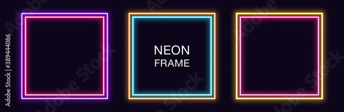 Neon square Frame. Set of quadrate neon Border with double outline. Geometric shape