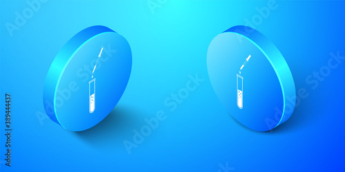 Isometric Laboratory pipette with liquid and falling droplet over test tube icon isolated on blue background. Laboratory research or laboratory testing. Blue circle button. Vector.
