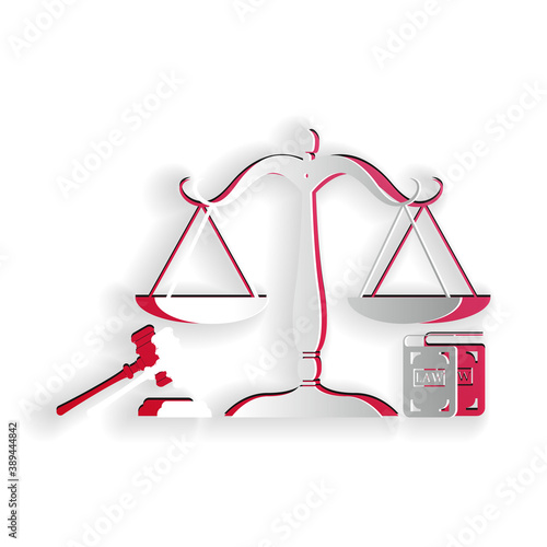 Paper cut Scales of justice, gavel and book icon isolated on white background. Symbol of law and justice. Concept law. Legal law and auction symbol. Paper art style. Vector.