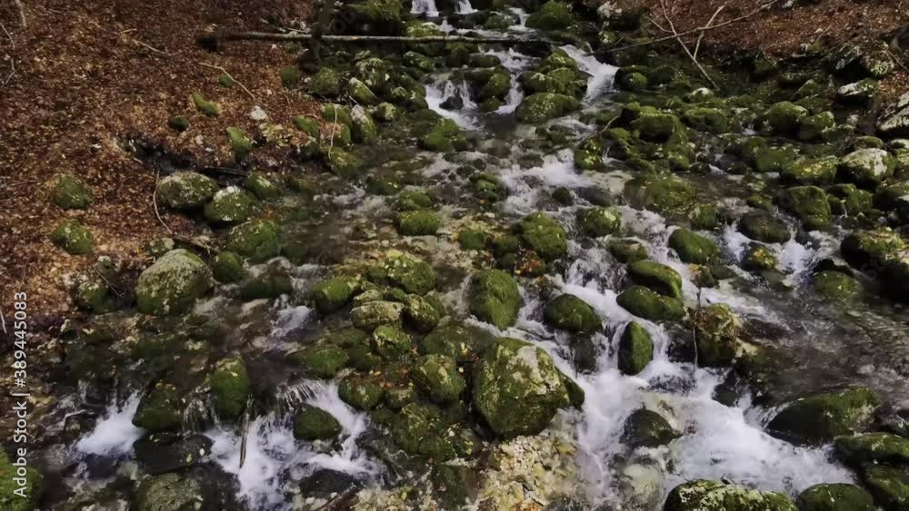 Slowly moving backwards above a stream in a forest in the mountain with a drone. This amazing place with red leaves trees and the brook seems a hobbit natural environment but it's on our planet earth. Slowly moving backwards above a stream in a forest in the mountain with a drone. This amazing place with red leaves trees and the brook seems a hobbit natural environment but it's on our planet earth.