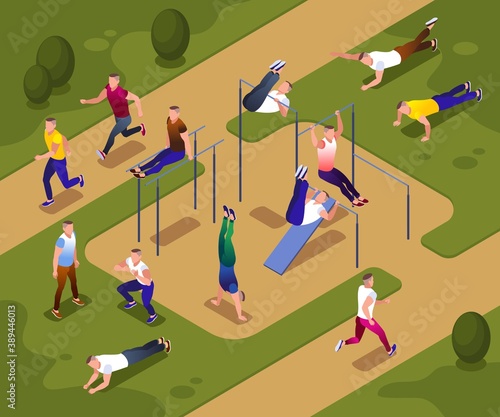 People doing street workout on the sports ground in the park. People on the parallel bars and horizontal bar. Healthy and active lifestyle. Illustration isometric icons on isolated background