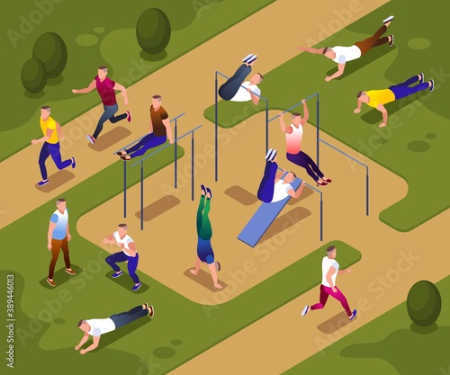People doing street workout on the sports ground in the park.  People on the parallel bars and horizontal bar. Healthy and active lifestyle. Illustration isometric icons on isolated background