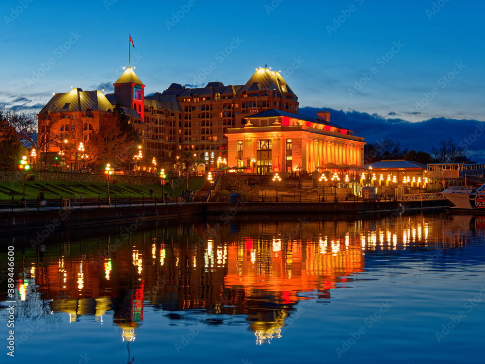 Inner Harbor in Victoria BC, Vancouver Island, Canada, decorated with festive lights during Christmas time