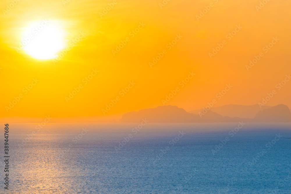 Many small islands landscape on sunset sea with colorful sunset sky