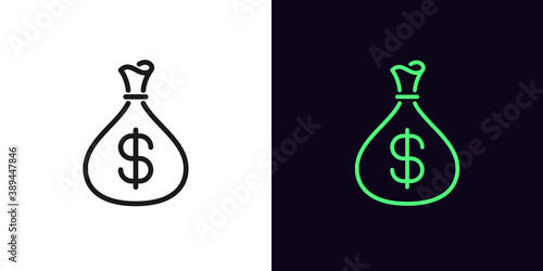 Outline money bag icon. Linear income sign with editable stroke, pouch with dollar