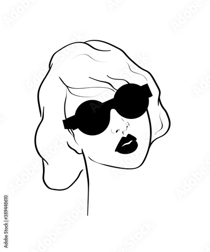 Fashion monochrome design sketch woman in style pop art. Glamour woman in black sunglasses lips. Black mouth speed girl fashion sketch.