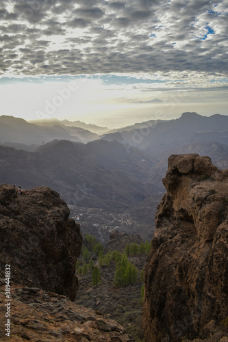 Valley full of mountains and volcanic rocks in Gran Canaria during sunset.