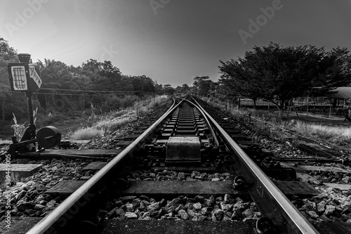 Railroad and railway train transportation with sky sunlight, Black and white and monochrome style