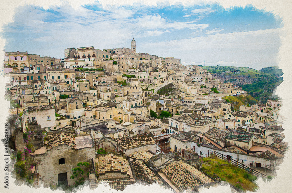 Watercolor drawing of Matera panoramic view of historical centre Sasso Caveoso of old ancient town Sassi di Matera with rock cave houses, UNESCO World Heritage Site, Basilicata, Southern Italy