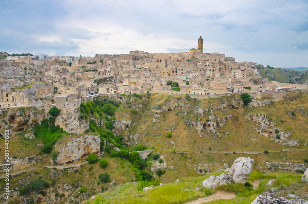 Watercolor drawing of Matera panoramic view of historical centre Sasso Caveoso old ancient town Sassi di Matera with cave rock houses with dramatic sky, view from Murgia Timone, Basilicata, Italy