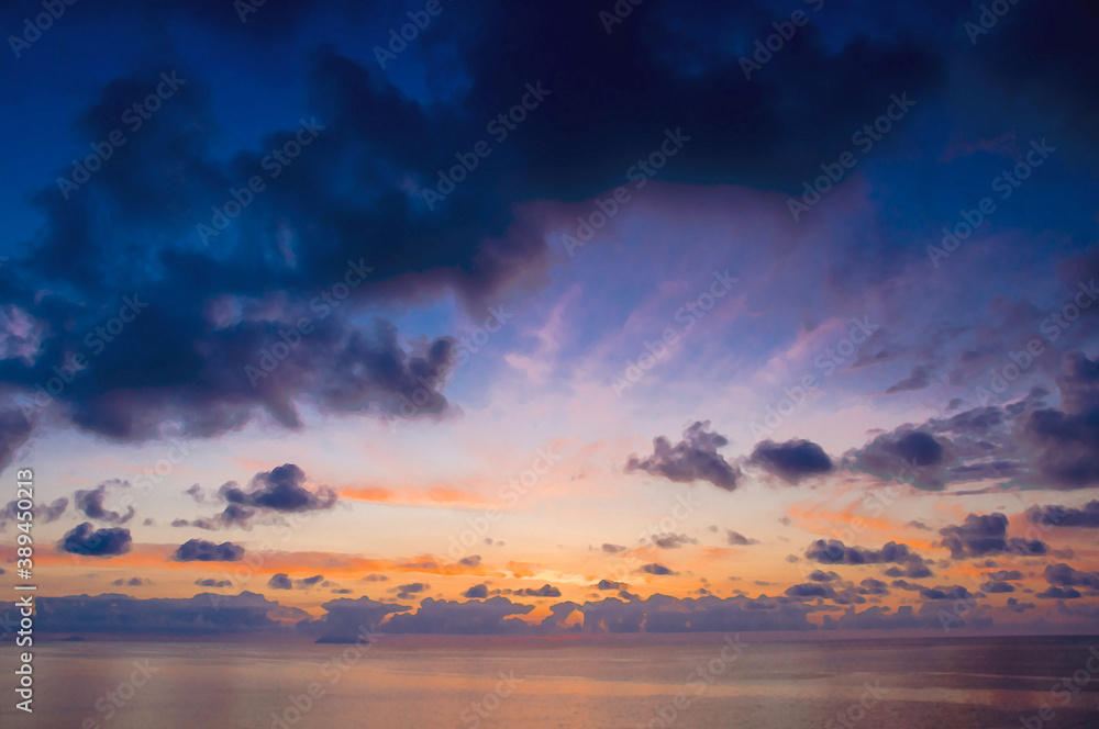 Watercolor drawing of Aerial view of amazing sea sunset, sunshine rays, seascape, horizon skyline, color dramatic sky, clouds and volcano hill mountain island Stromboli, Tropea, Calabria, Italy