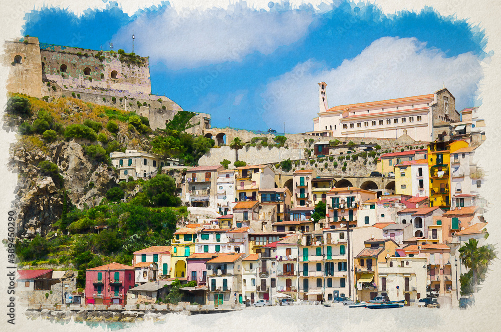 Watercolor drawing of seaside town village Scilla with old medieval castle on rock Castello Ruffo, colorful traditional typical italian houses on Mediterranean Tyrrhenian sea coast, Calabria, Italy